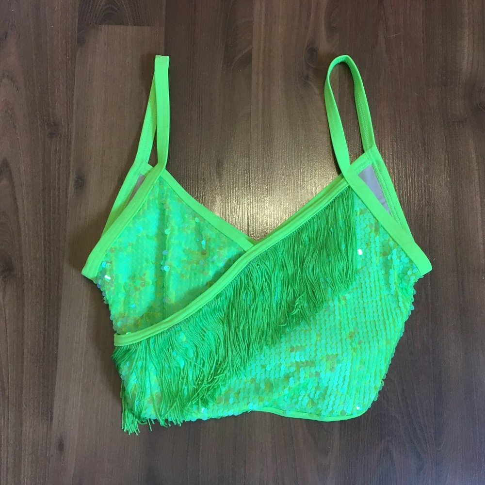 Lime Green SEQUIN CROSSOVER CROP TOP WITH FRINGE